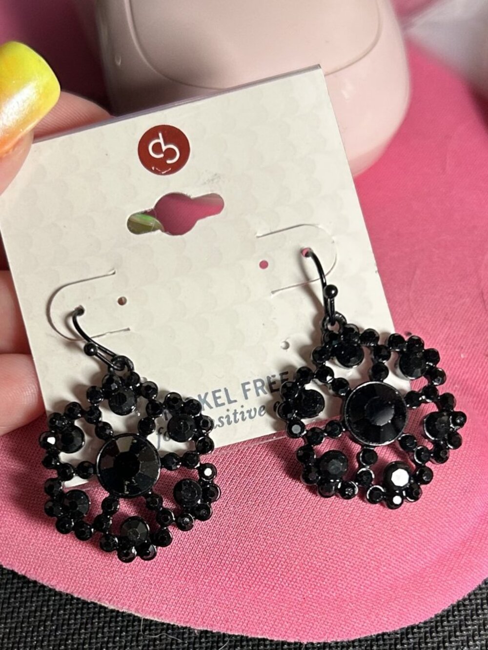 NWT Black Rhinestone Chandelier Dangle Earrings Goth Retro